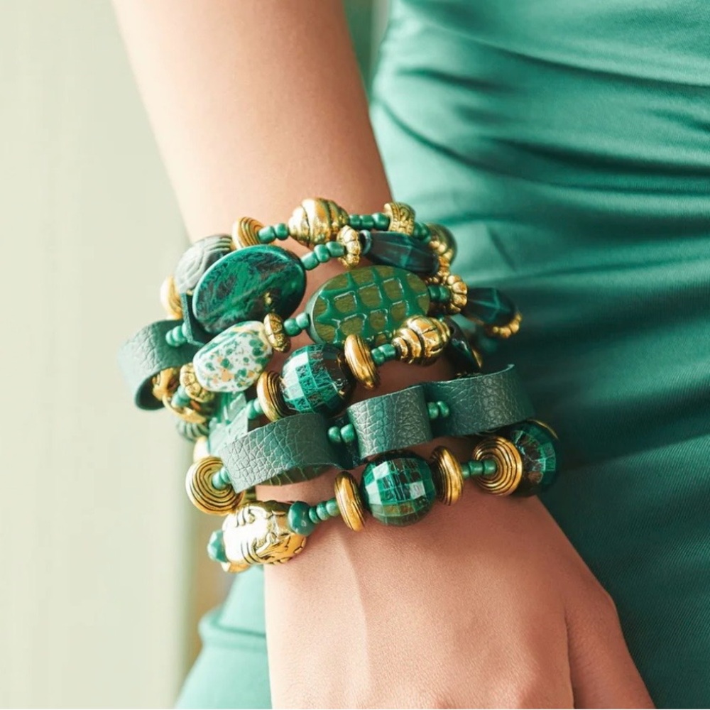 Caliope Beaded 6pc Leather Stretch Bracelet Stack - Green
